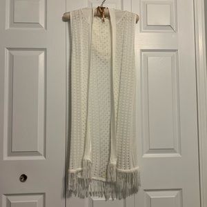 Full Tilt Open-Knit Fringed Sleeveless Hooded Bohemian White Cardigan Size L/XL